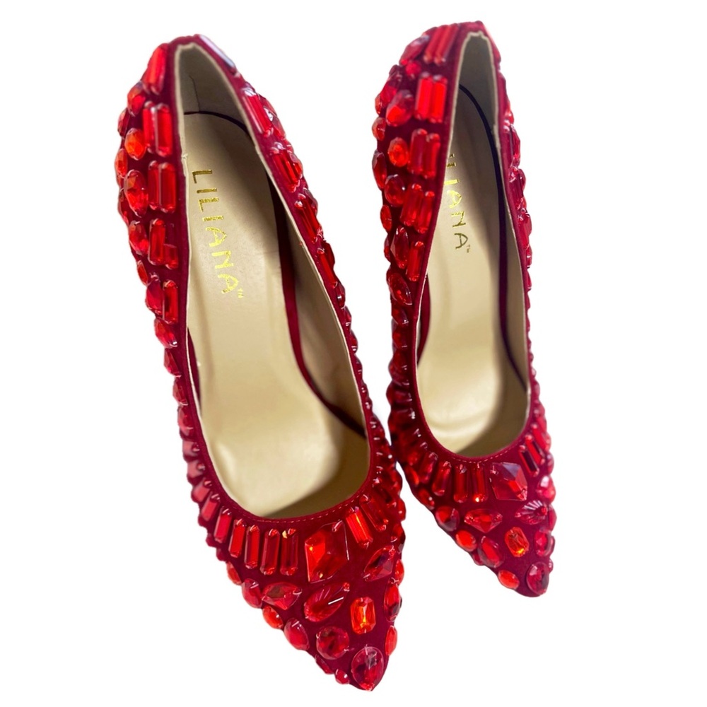 Liliana Ruby Red Jeweled Heels | Faux Suede Pointed Stiletto Dorothy Christmas